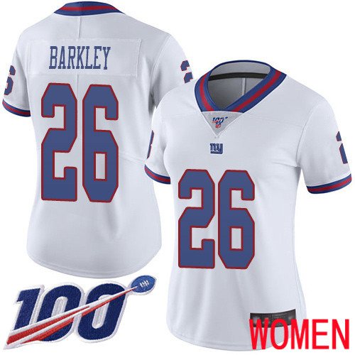 Women New York Giants #26 Saquon Barkley Limited White Rush Vapor Untouchable 100th Season Football NFL Jersey->women nfl jersey->Women Jersey